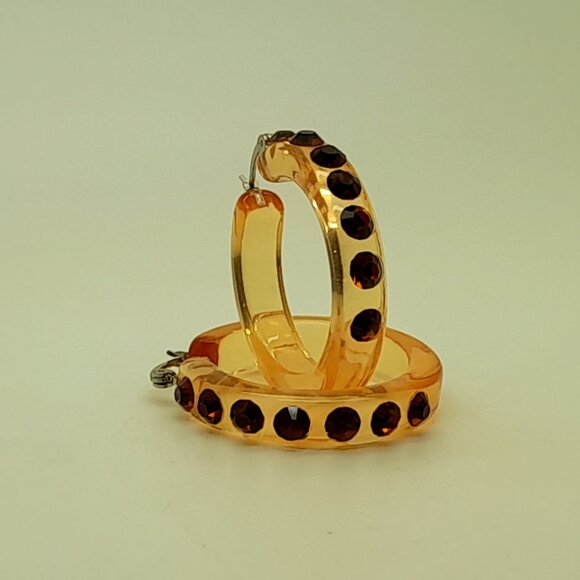 SMOKED TOPAZ RHINESTONE LADIES/WOMEN FASHION 1.5 INCH PLASTIC HOOP EARRINGS - Picture 3 of 3